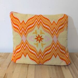 MCM Needlepoint Orange Geometric Throw Pillow Velvet Flame Stitch Vintage